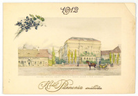 Pannónia szálloda ezelőtt Griff és a nemzeti szinház a 19-ik században [Újévi reklám-üdvözlőlap, 1912.]