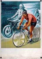 [Gózon Lajos] (graf.) : [Motorvezetéses kerékpárverseny (stéherezés) a Millenárison. ca. 1955.]. Biankó plakát.