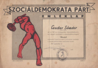 Szociáldemokrata Párt - Emléklap. 1947. [Biró Mihály (1886-1948) kalapácsos embere]