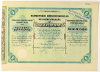 Nemzetközi Gépkereskedelmi Részvénytársaság öt Alapítójegy, 1927. / International Machinery Trading Company Limited five Founders' Certificates. / Internationale Maschinenhandels fünf Gründerscheine