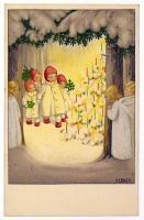 Ebner, Pauli (graf.) : [Angyalok és gyerekek a karácsonyfa körül]
